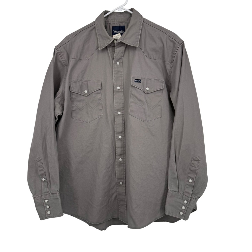 Wrangler Mens Western Snap Shirt Grey Cotton Twill Long‎ Sleeve XL Flaws 90s Y2K